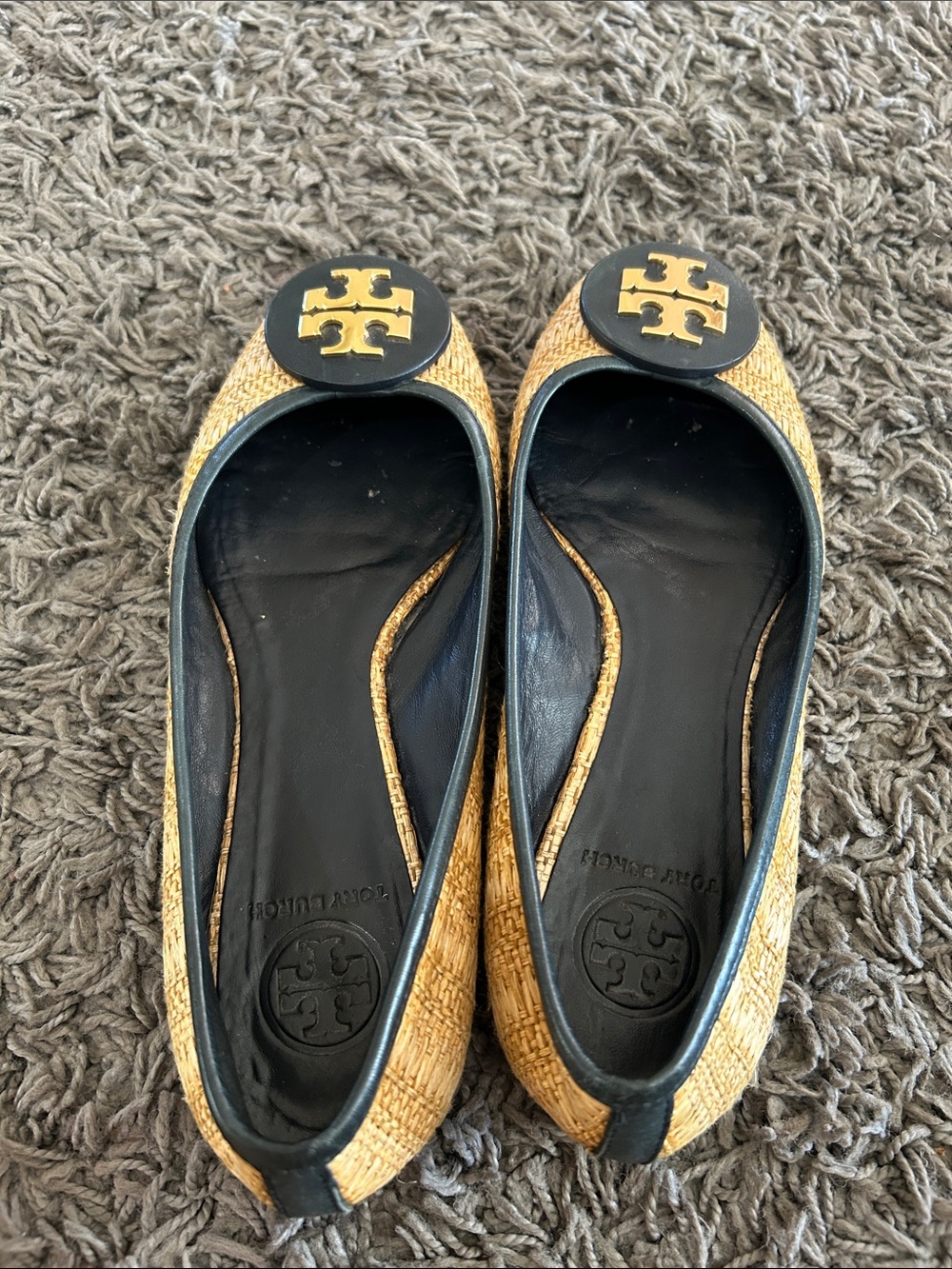 Tory Burch Reva Raffia Ballet Flats Tan with Black Trim & Gold Logo Size 9 - Picture 8 of 11